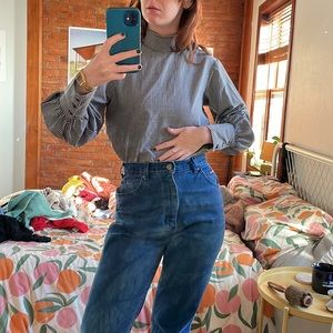 Mock Neck Checked Blouse w/ Puffed Sleeves